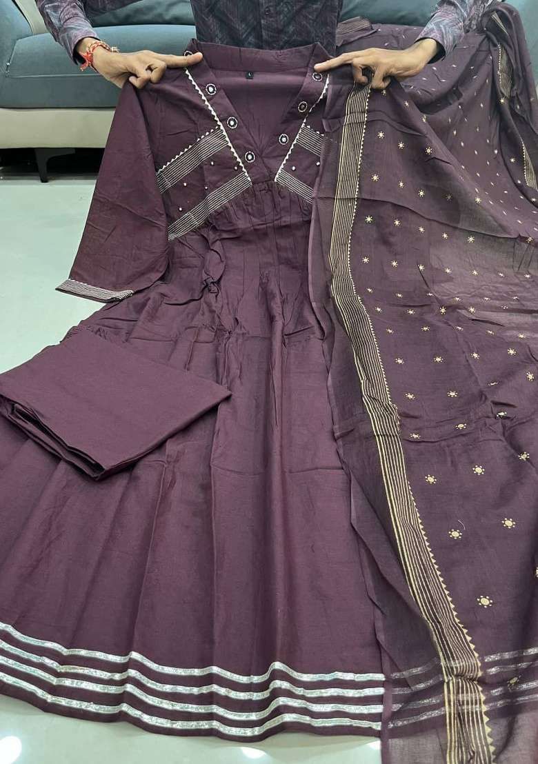 Purple Embroidery Cotton Kurta Set - Indya