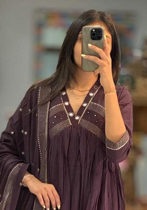 Purple Embroidery Cotton Kurta Set