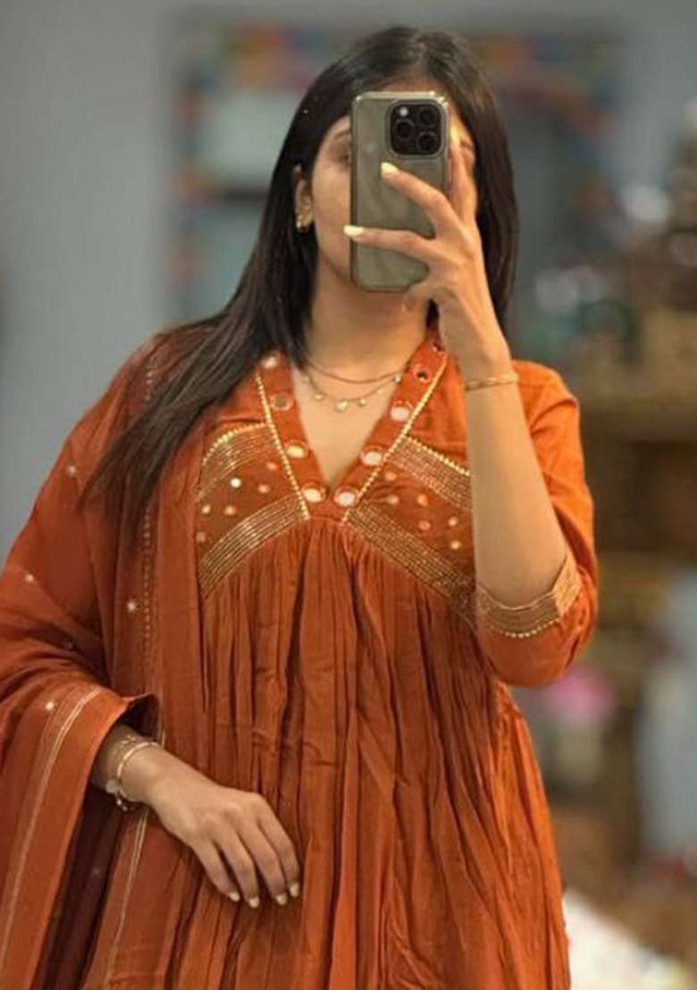 Orange Embroidery Cotton Kurta Set - Indya