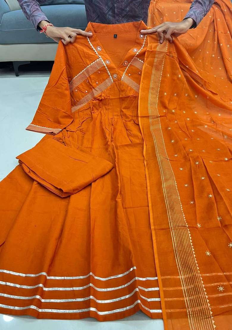 Orange Embroidery Cotton Kurta Set - Indya