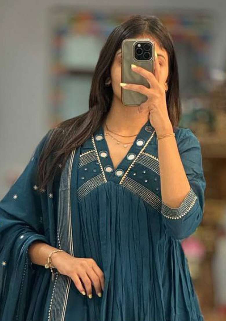 Blue Embroidery Cotton Kurta Set - Indya