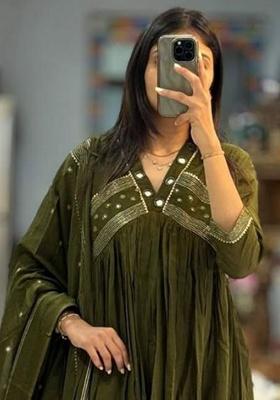 Green Embroidery Cotton Kurta Set