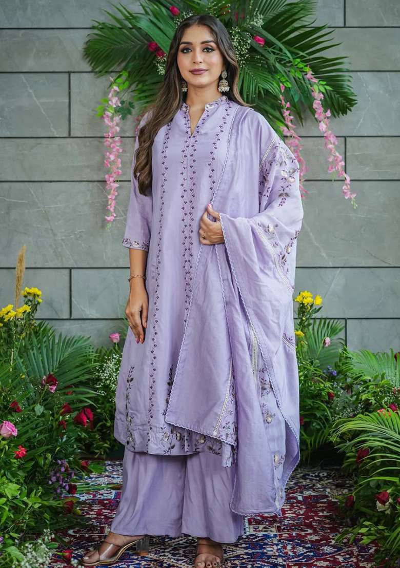 Lavender Embroidery Cotton Kurta Set - Indya