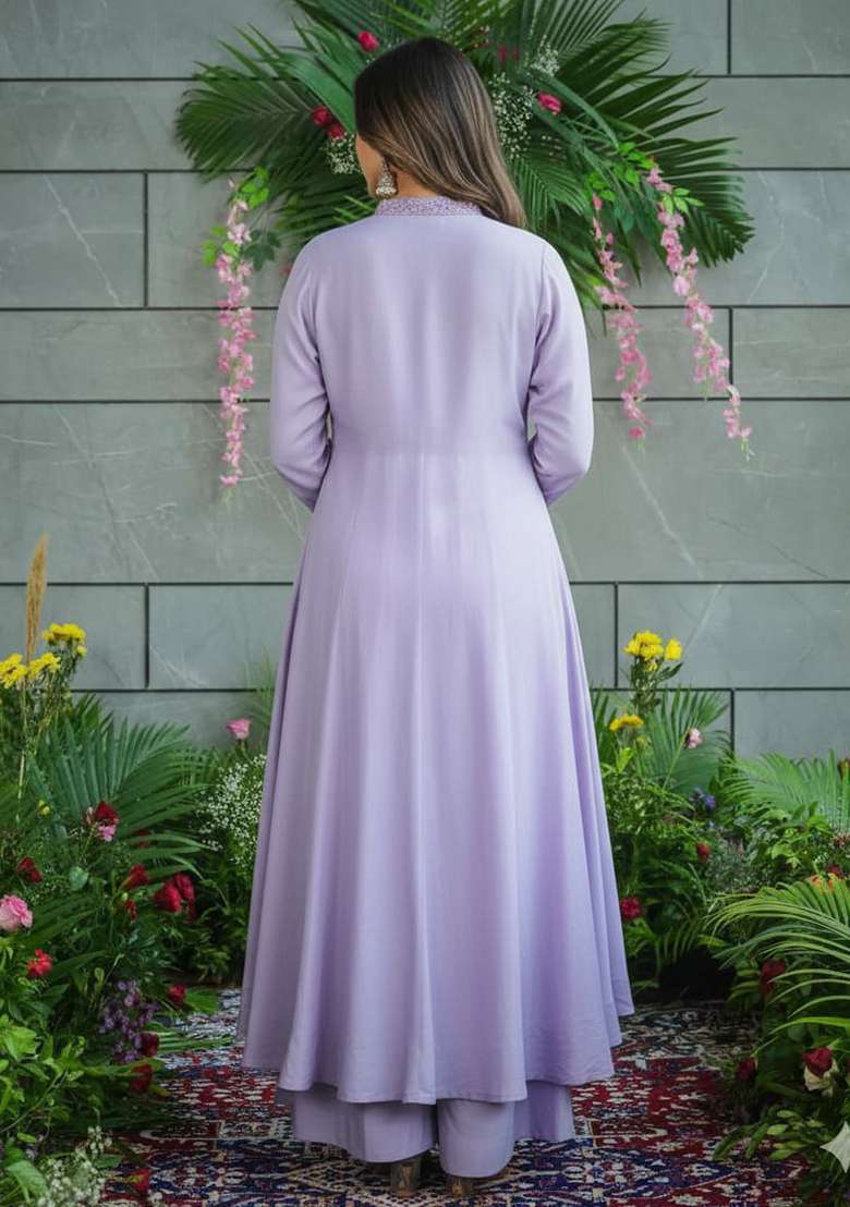 Lavender Embroidery Cotton Kurta Set - Indya