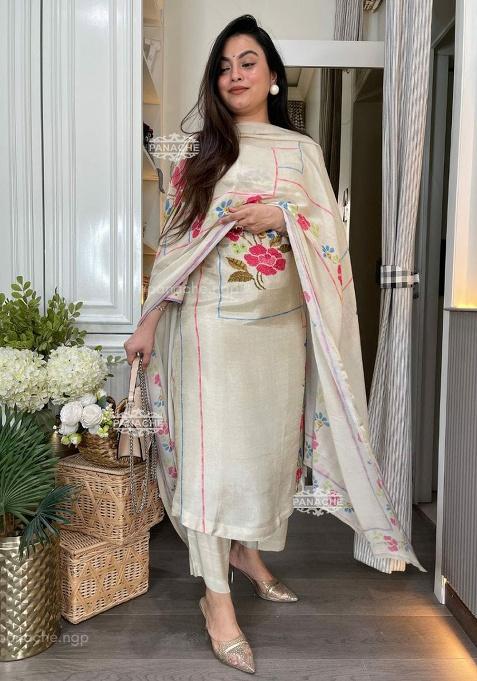 White Embroidery Muslin Kurta Set