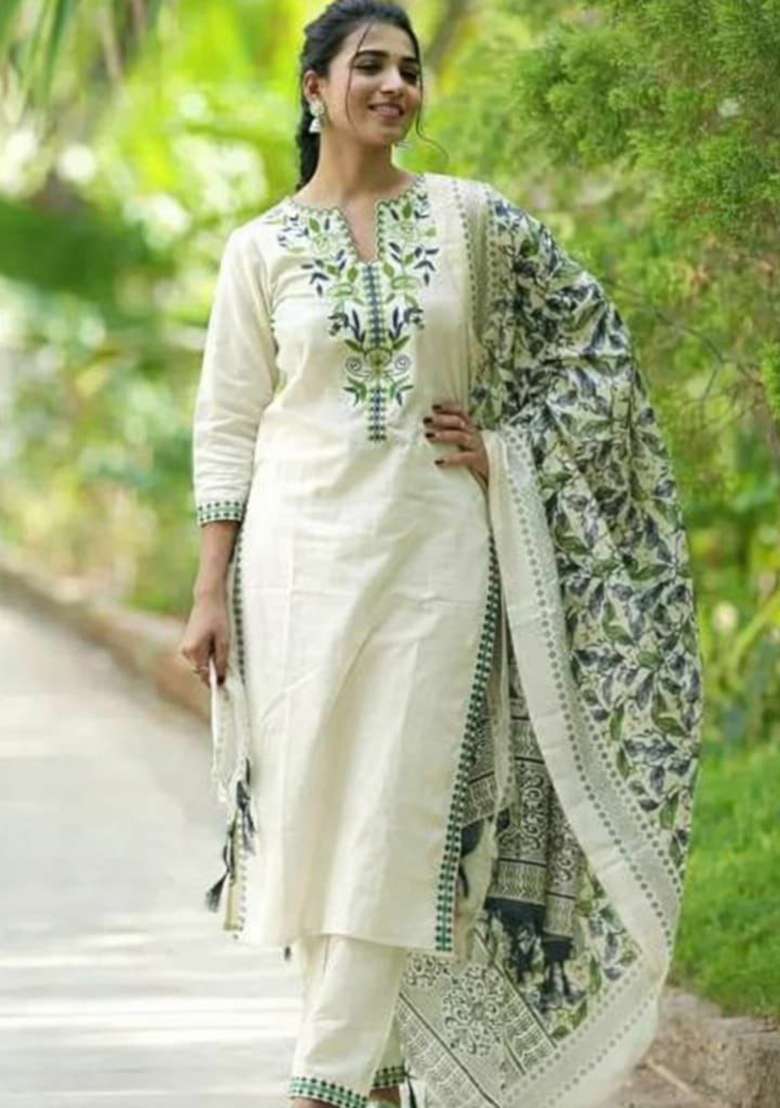 White Embroidery Cotton Kurta Set - Indya