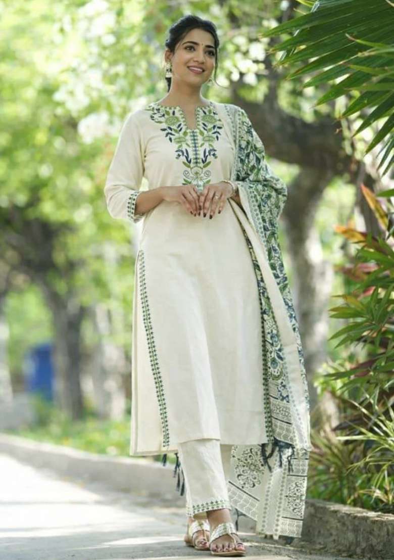 White Embroidery Cotton Kurta Set - Indya
