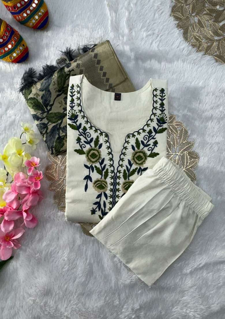 White Embroidery Cotton Kurta Set - Indya