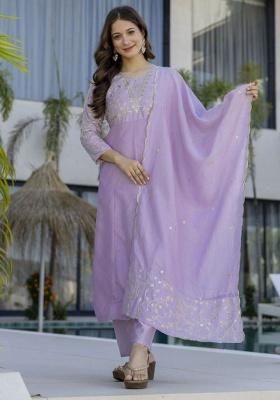 Lavender Embroidery Silk Kurta Set