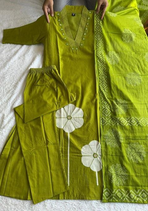 Green Embroidery Cotton Kurta Set