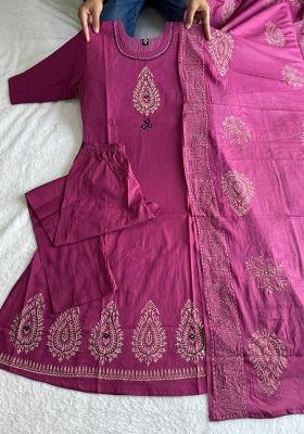 Purple Embroidery Cotton Kurta Set