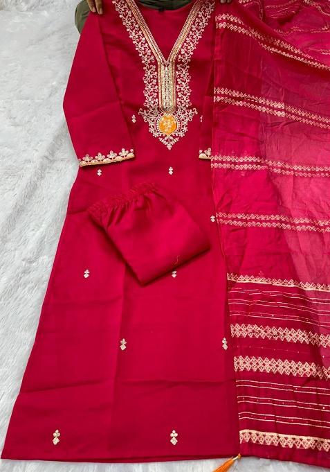 Red Embroidery Silk Kurta Set