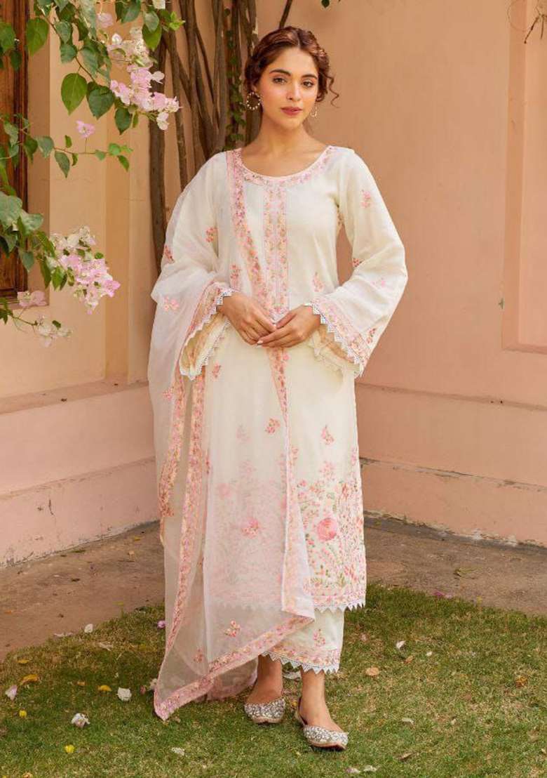 White Embroidery Silk Blend Kurta Set - Indya