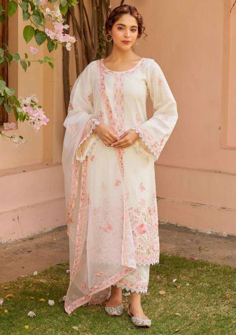 White Embroidery Silk Blend Kurta Set - Indya