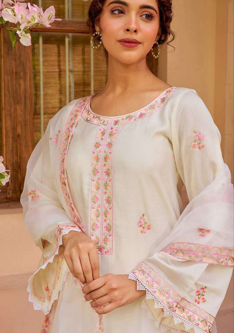 White Embroidery Silk Blend Kurta Set - Indya