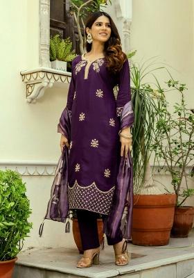 Purple Embroidery Viscose Kurta Set