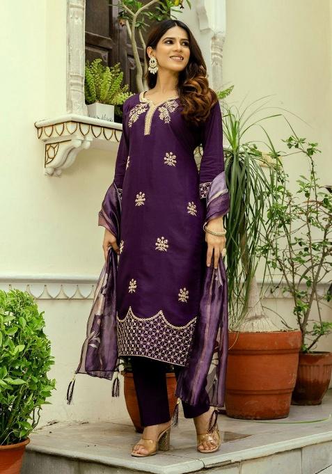 Purple Embroidery Viscose Kurta Set