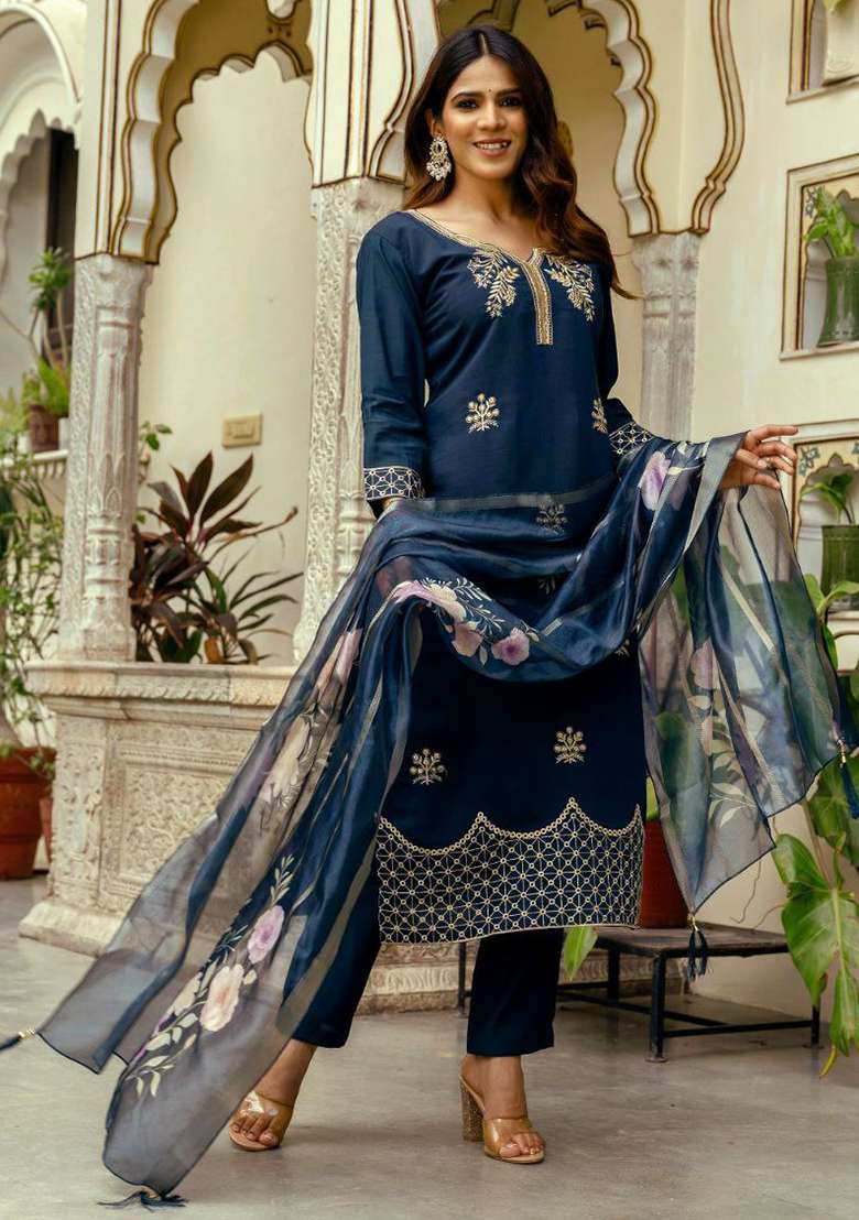 Blue Embroidery Viscose Kurta Set - Indya