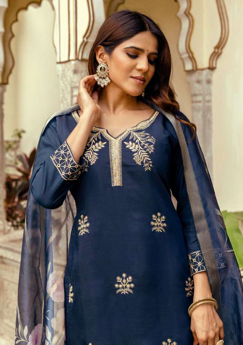 Blue Embroidery Viscose Kurta Set - Indya