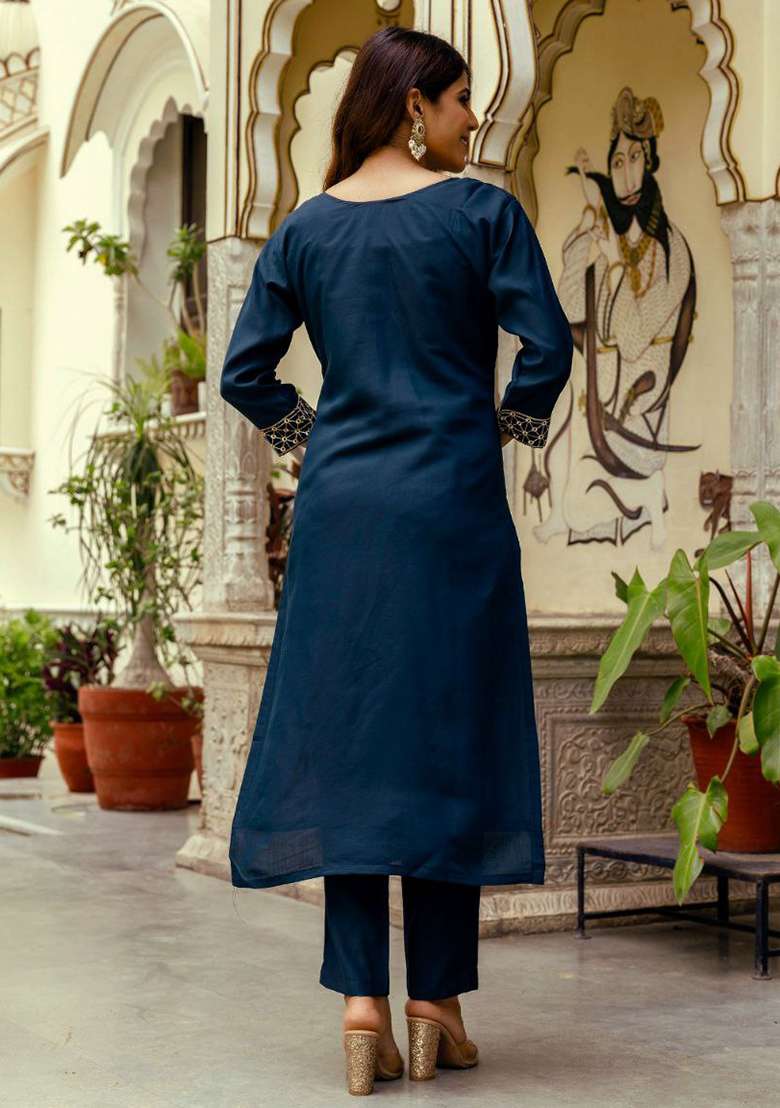 Blue Embroidery Viscose Kurta Set - Indya