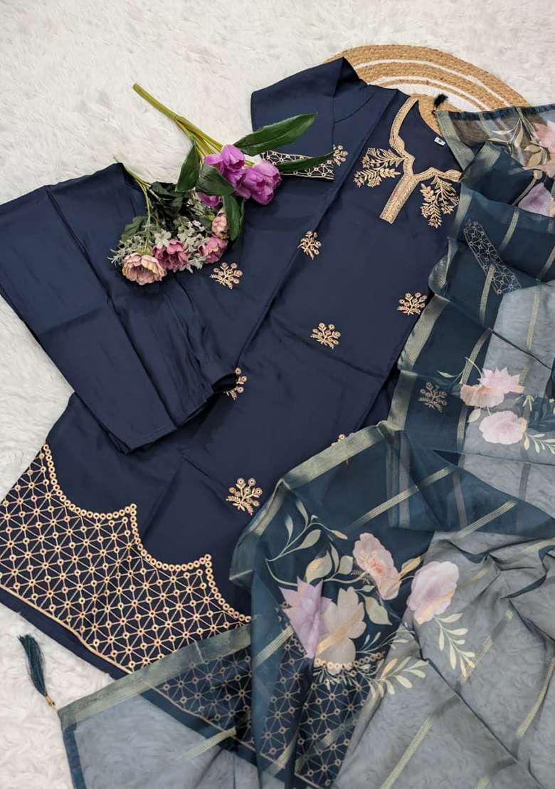 Blue Embroidery Viscose Kurta Set - Indya