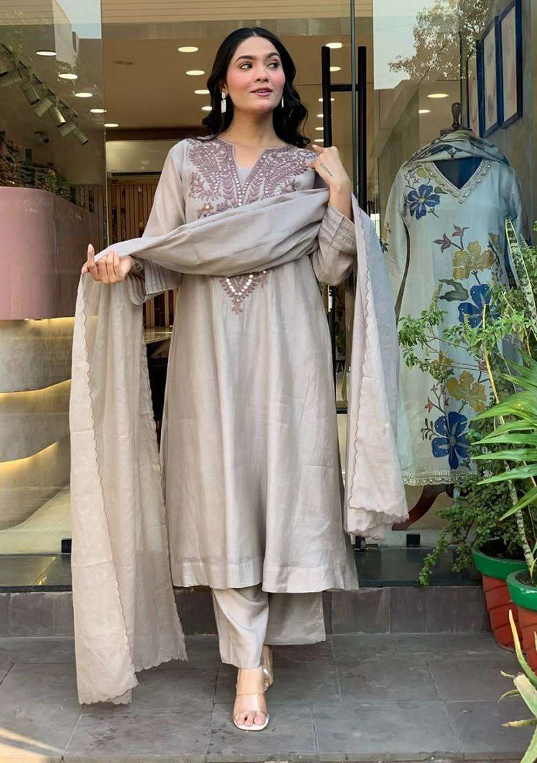 Grey Embroidery Cotton Kurta Set - Indya