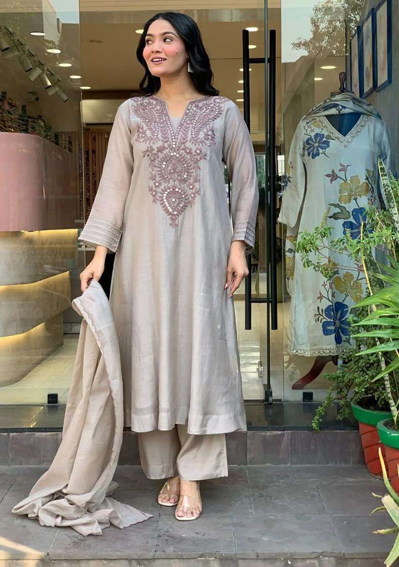 Grey Embroidery Cotton Kurta Set - Indya