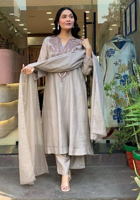 Grey Embroidery Cotton Kurta Set