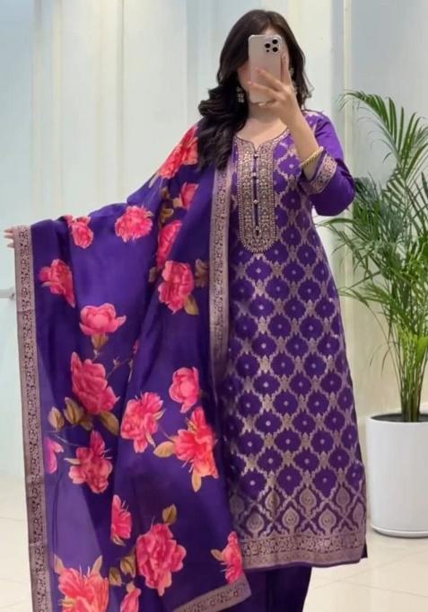 Purple Embroidery Silk Kurta Set