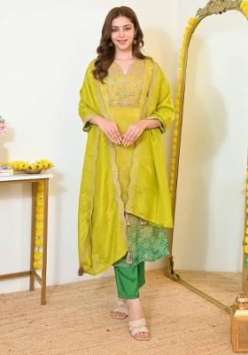 Green Embroidery Silk Blend Kurta Set