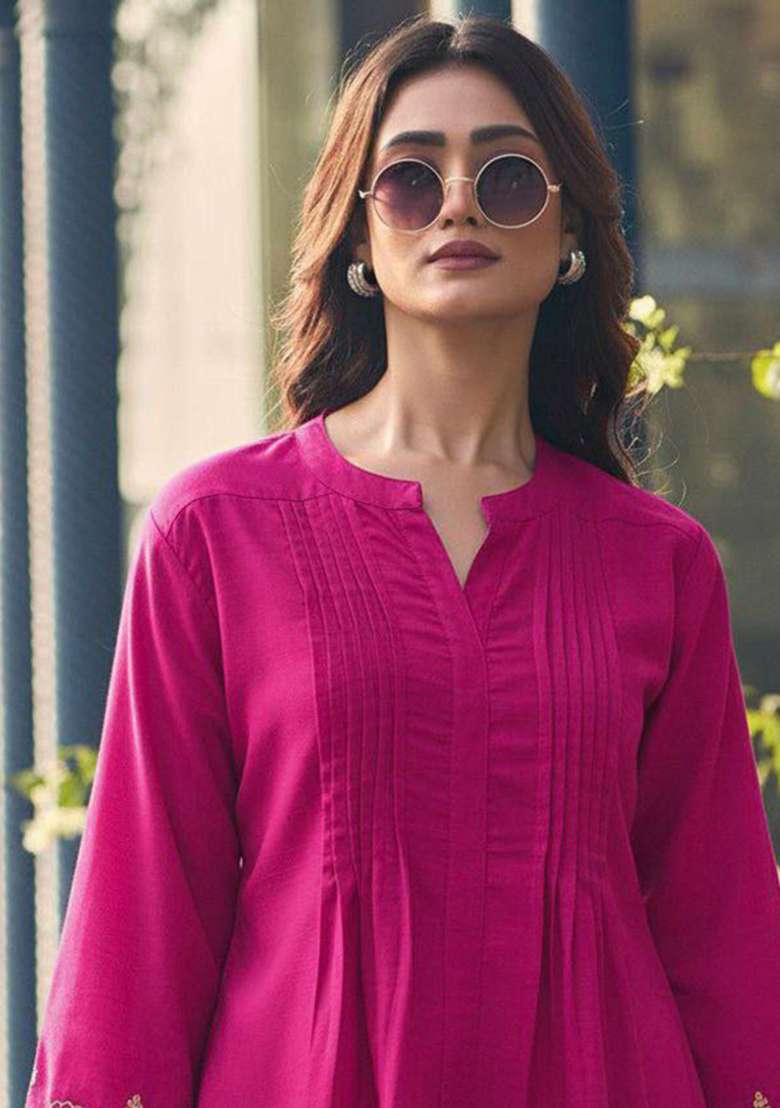 Pink Embroidery Rayon Kurta Set - Indya