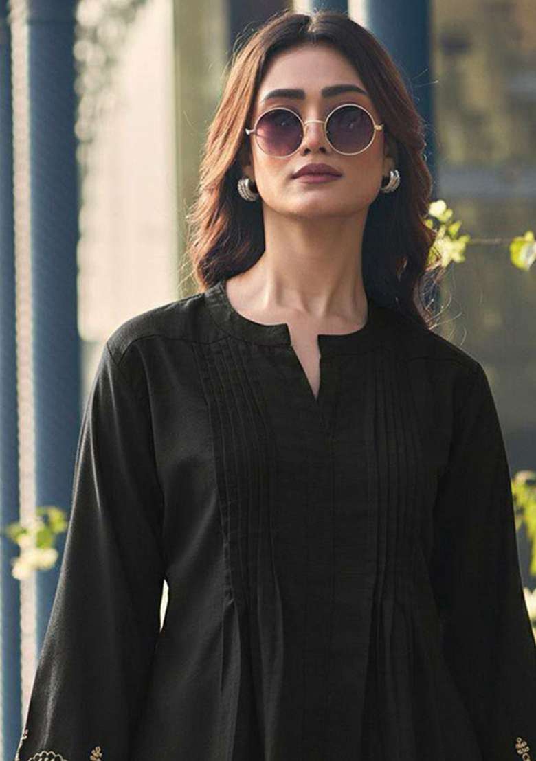 Black Embroidery Rayon Kurta Set - Indya