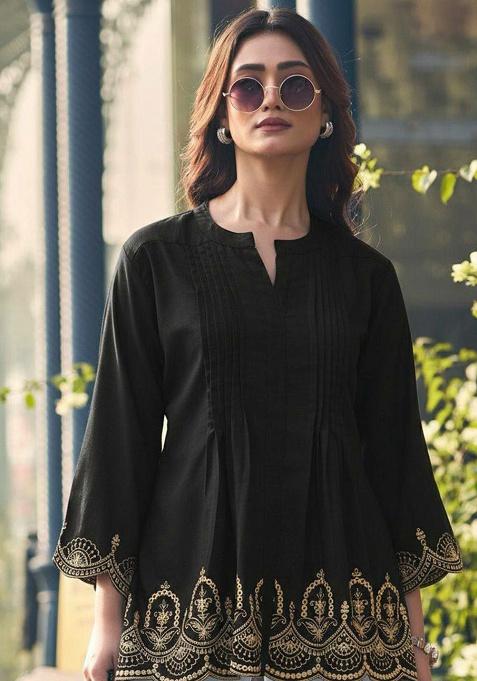 Black Embroidery Rayon Kurta Set