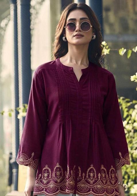 Purple Embroidery Rayon Kurta Set