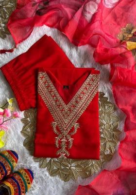 Red Embroidery Silk Kurta Set