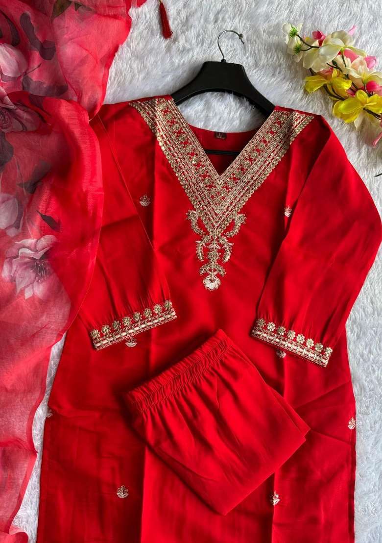 Red Embroidery Silk Blend Kurta Set - Indya