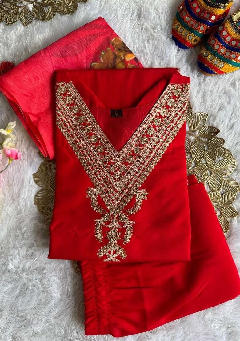 Red Embroidery Silk Blend Kurta Set - Indya