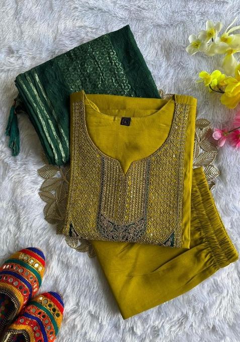 Lemon Yellow Embroidery Silk Kurta Set
