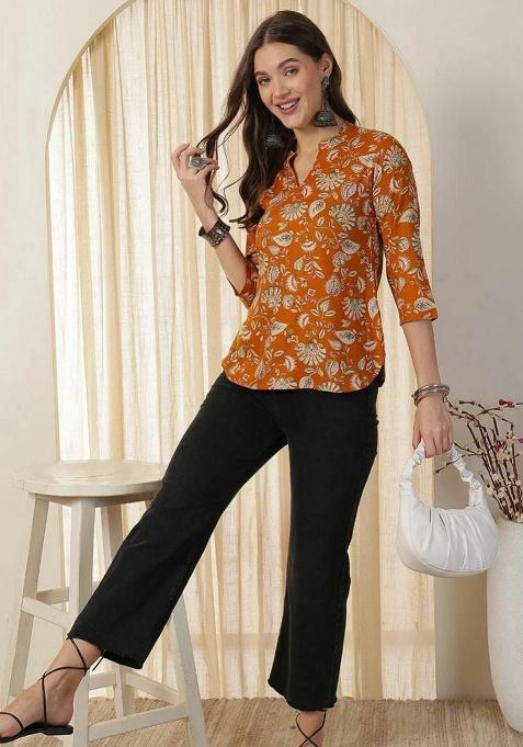 Orange Embroidery Rayon Kurta Set