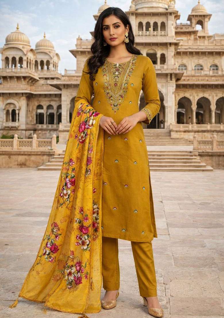 Yellow Embroidery Rayon Kurta Set - Indya