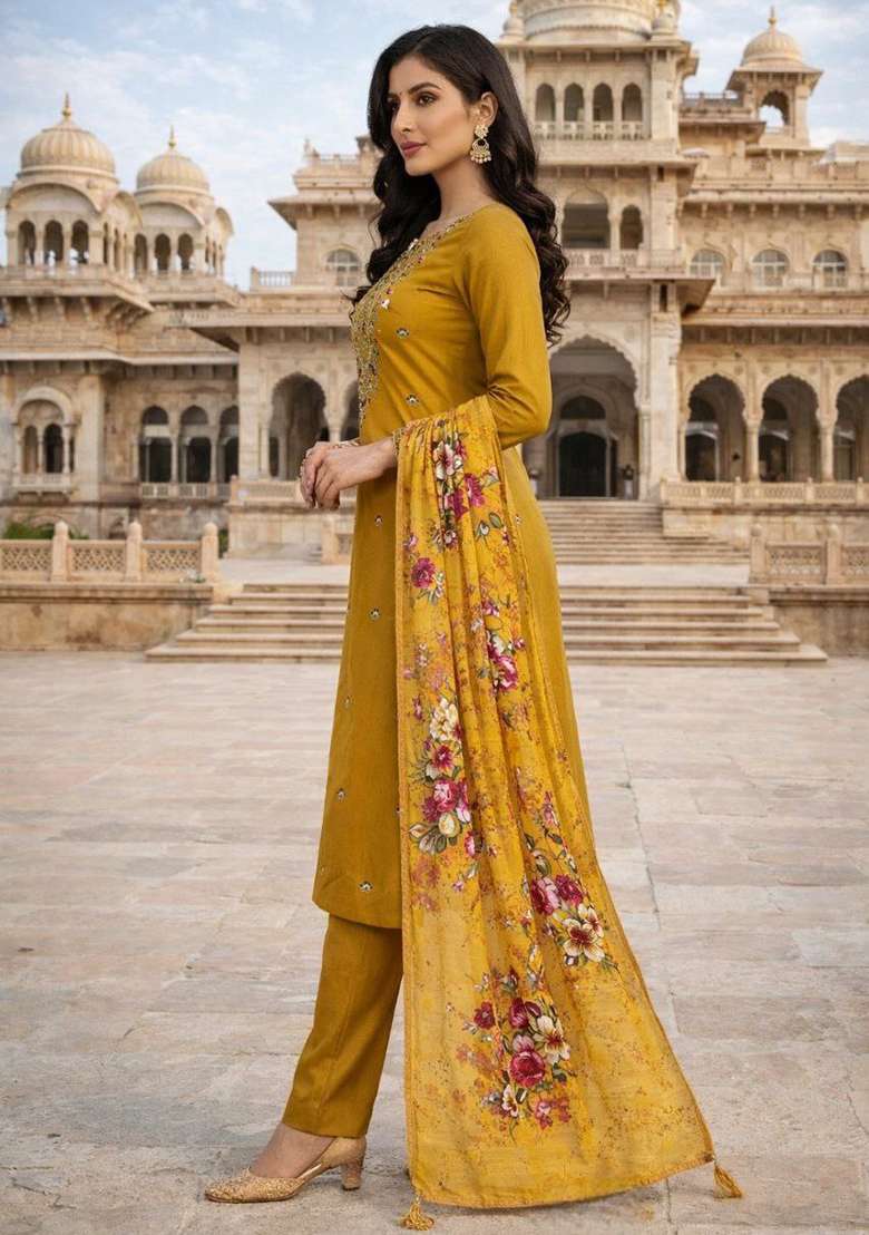 Yellow Embroidery Rayon Kurta Set - Indya