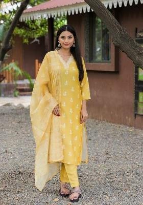 Yellow Embroidery Viscose Kurta Set