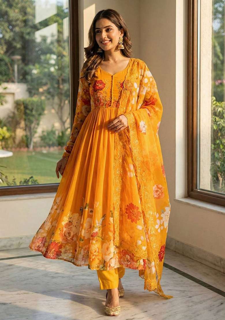 Orange Embroidery Georgette Kurta Set - Indya