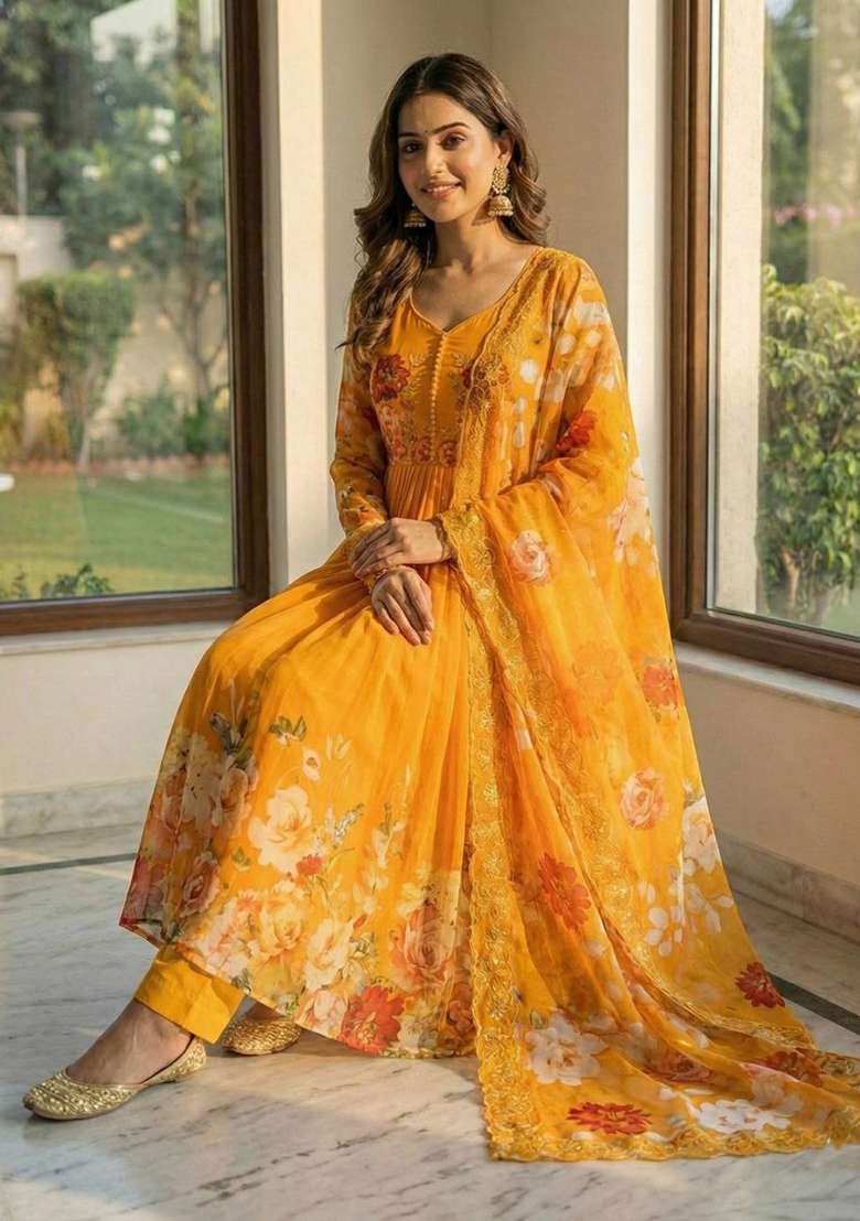 Orange Embroidery Georgette Kurta Set - Indya