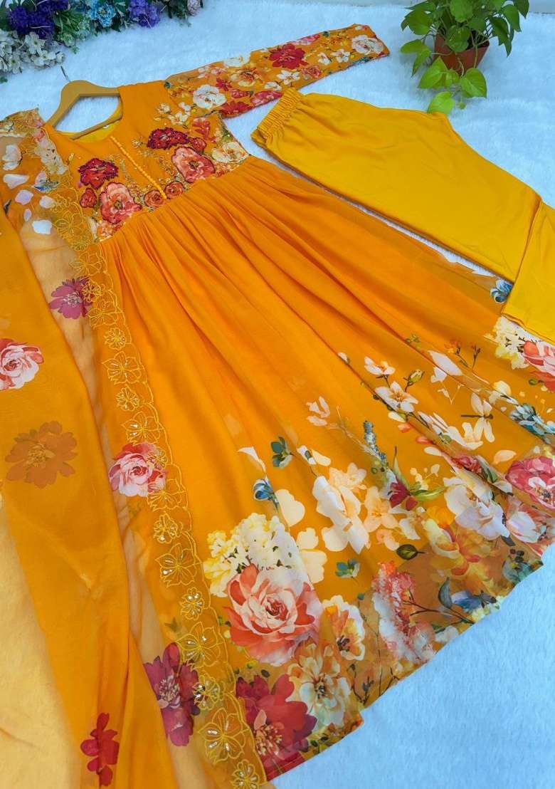 Orange Embroidery Georgette Kurta Set - Indya