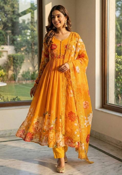 Orange Embroidery Georgette Kurta Set