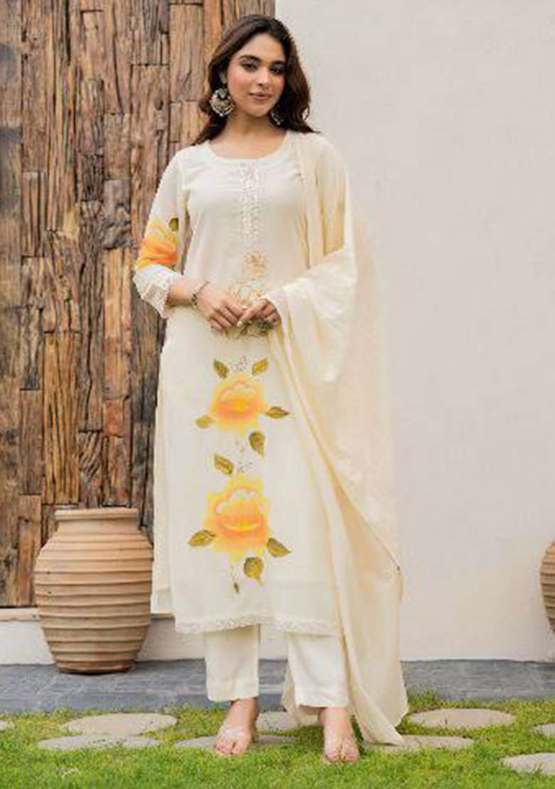 White Embroidery Viscose Kurta Set - Indya