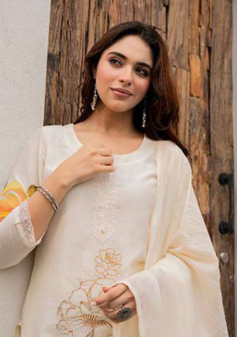 White Embroidery Viscose Kurta Set - Indya