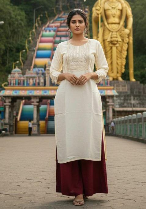 White Embroidery Rayon Kurta Set