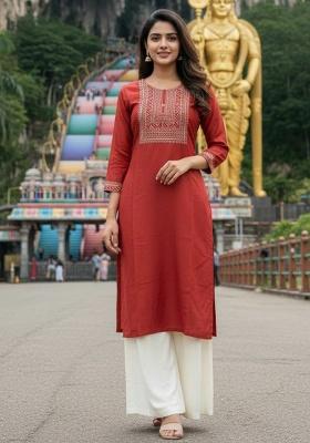 Orange Embroidery Rayon Kurta Set